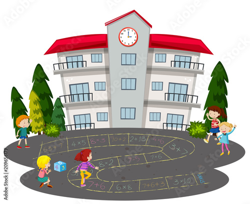 Children playing hopscotch in front of a school