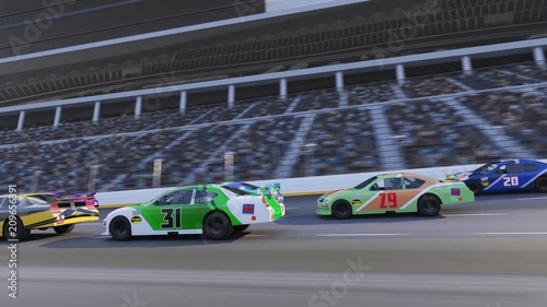 Nascar race. Panning shot showing high speed racing cars.