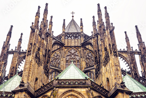 Gothic architectured St. Vitus Cathedral from bottom