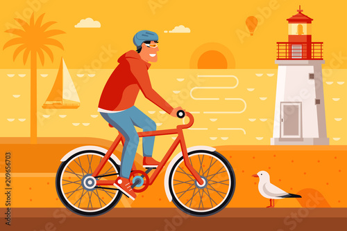 Smiling man on bicycle driving on summer beach background. Cyclist guy riding red bike on the sea side road. Summer bike travel concept illustration with bicyclist driving on seashore by sunset.