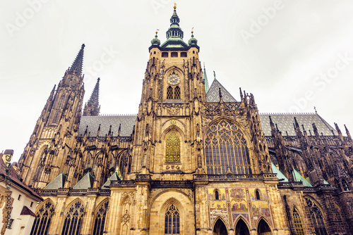 Gothic architectured St. Vitus Cathedral from bottom