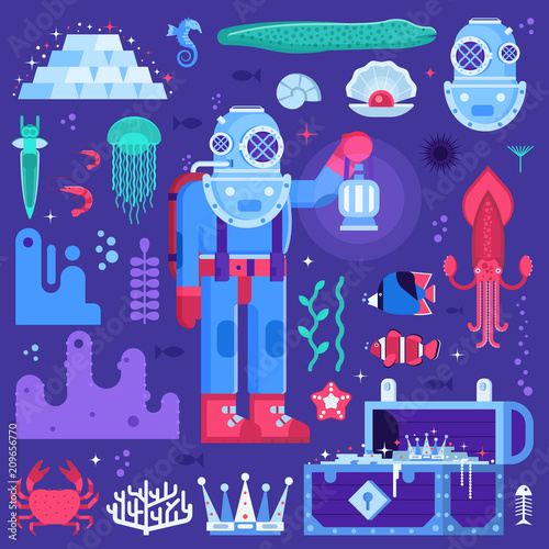 Underwater adventure set with retro diver, sea creatures and water treasures. Deep diving and sea exploration icons including gold chest, aqualanger and exotic seabed creatures.