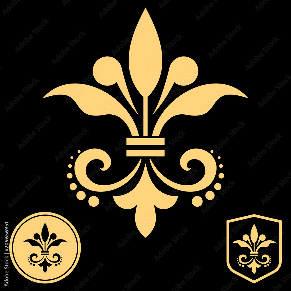 Gold royal lily on a black background. Heraldic sign, logo Stock Vector ...