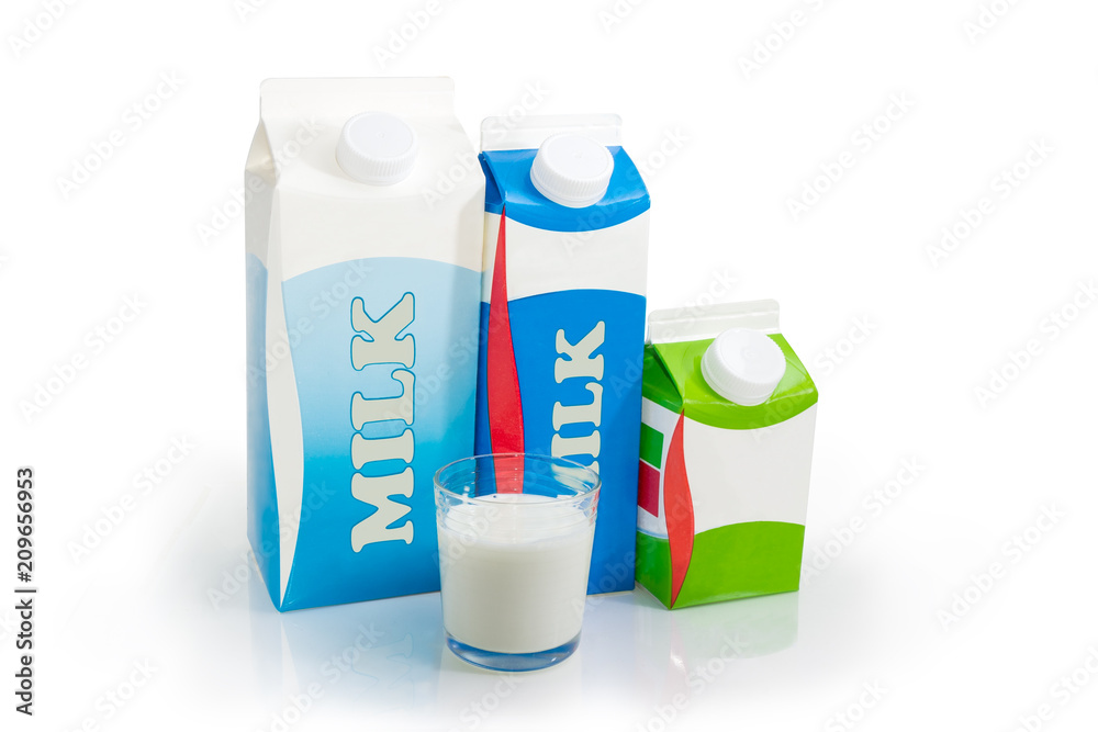 Milk carton different sizes and glass with various dairy produce Milk carton different sizes and glass with various dairy produce
