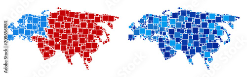 Dot Europe and Asia map versions. Abstract geographic map variant done with cold blue color tints. Vector mosaic of Europe and Asia map organized of random rectangle and circle dots.