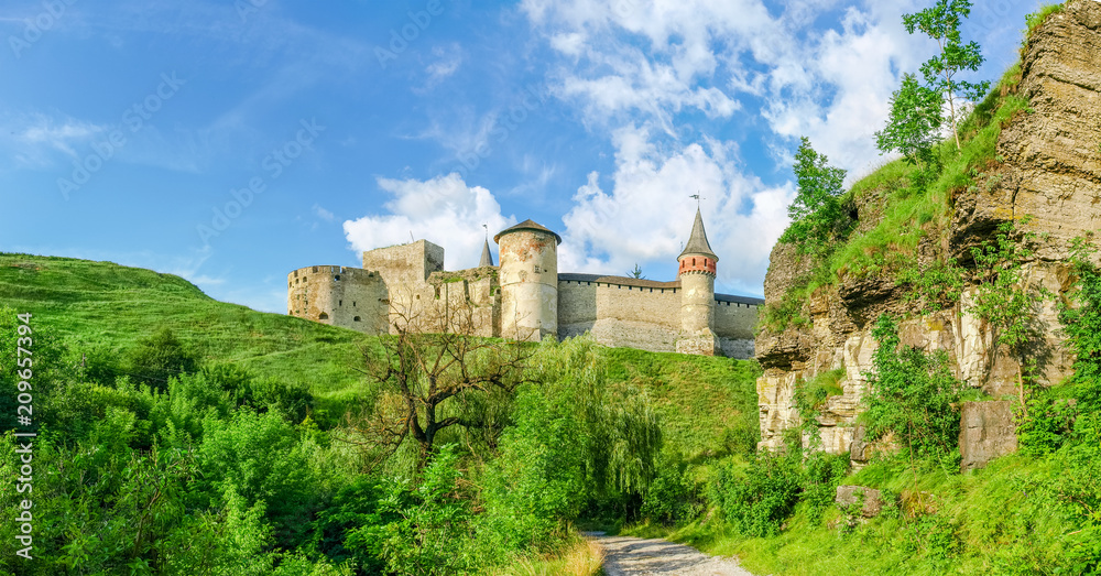 Southern side of medieval Kamianets-Podilskyi fortress from canyon, Ukraine