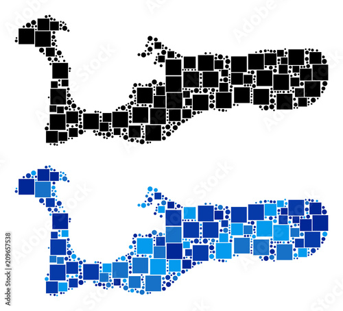 Dot Grand Cayman Island map variants. Abstract geographic map variant done with cold blue color variations. Vector mosaic of Grand Cayman Island map combined from scattered square and round elements.