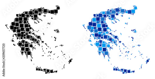 Dotted Greece map versions. Abstract geographic scheme variant designed with cold blue color shades. Vector collage of Greece map organized with scattered square and round items.