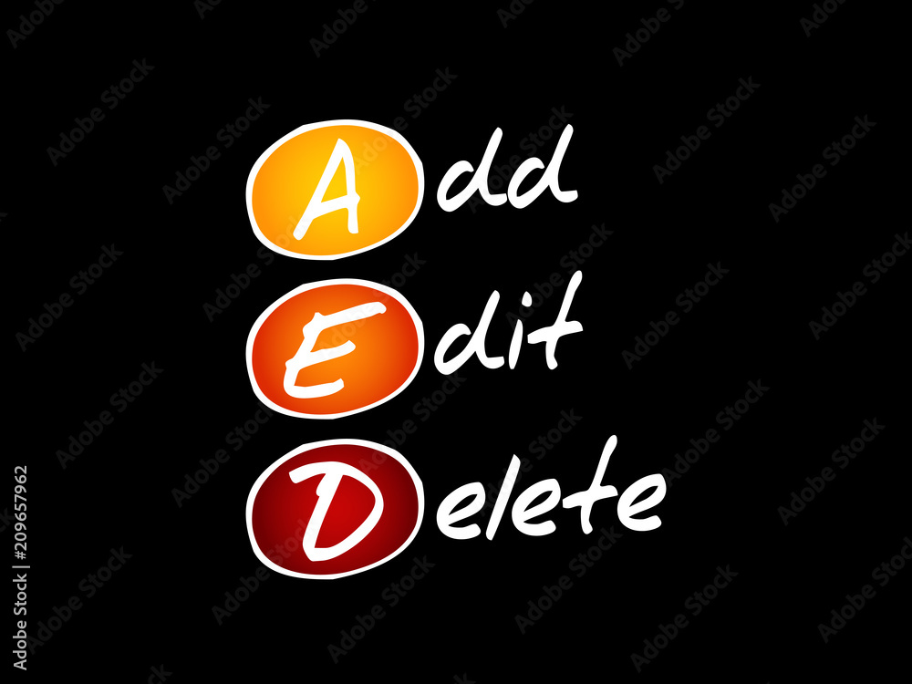 AED - Add, Edit and Delete, acronym technology concept background Stock  Vector | Adobe Stock