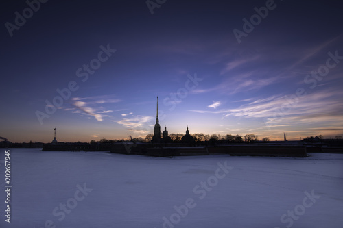 View of the Peter and Paul Fortress from the Trinity Bridge during sunset, St. Petersburg, Russia, winter 2018
