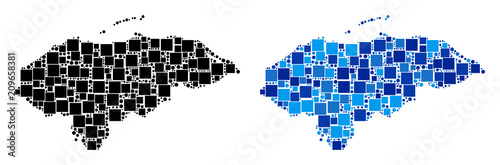 Dotted Honduras map variants. Abstract geographic map version designed with blue color variations. Vector composition of Honduras map combined from scattered rectangle and circle dots.