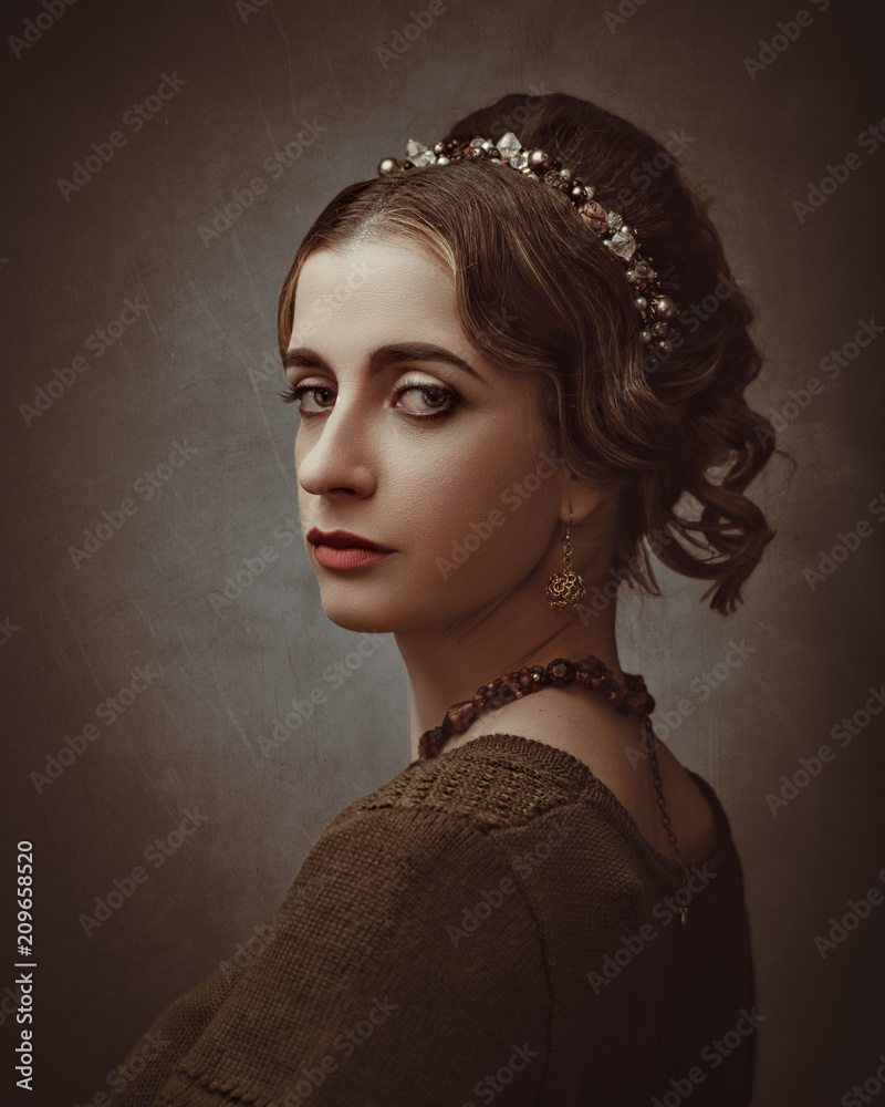 Obraz premium Fayumi portraiture. Antique painting style female portrait with retro makeup