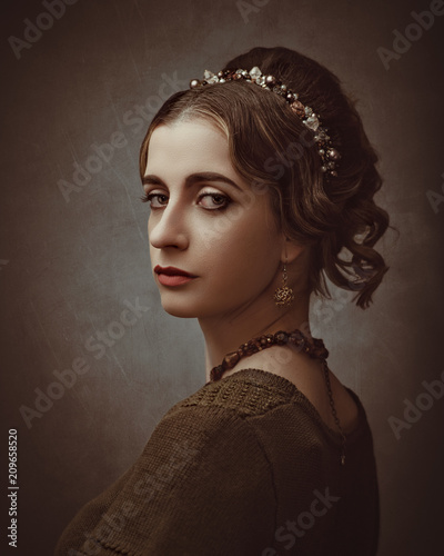 Fayumi portraiture. Antique painting style female portrait with retro makeup