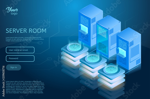 Web hosting and data center isometric vector illustration. Concept of server room rack, Ultraviolet colors. Futuristic design