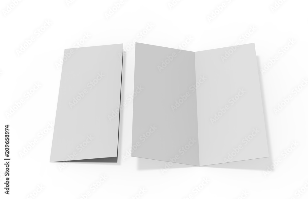 Bi fold or Vertical half fold brochure mock up on isolated white background, 3d illustration Bi fold or Vertical half fold brochure mock up on isolated white background, 3d illustration