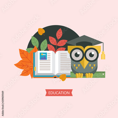 Welcome back to school. A wise owl in an academic cap. Vector emblem, logo.