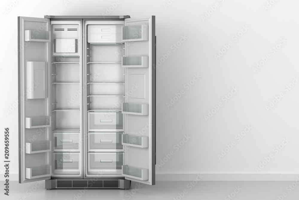 modern empty fridge in front of white wall modern empty fridge in front of white wall