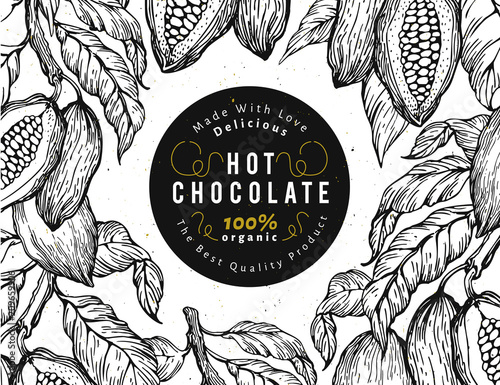 Cocoa bean tree banner template. Chocolate cocoa beans frame. Vector hand drawn illustration. Vintage style background.