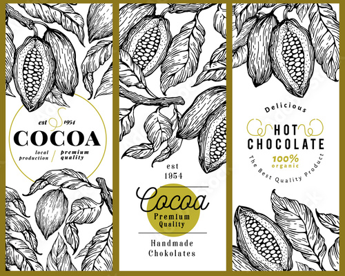 Cocoa bean tree banner template set. Chocolate cocoa beans background. Vector hand drawn illustration. Vintage style illustration.