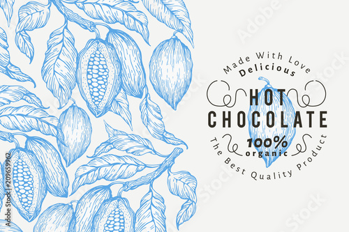 Cocoa bean tree banner template. Chocolate cocoa beans background. Vector hand drawn illustration. Vintage style illustration. photo