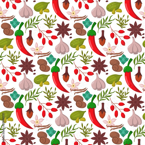 Spices condiments seamless pattern backgroun seasoning food herbs decorative healthy organic relish flavouring vegetable vector illustration.