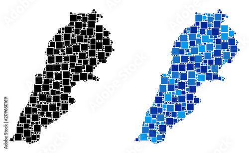 Dotted Lebanon map variants. Abstract geographic scheme variant designed with blue color variations. Vector composition of Lebanon map created of scattered square and circle points.