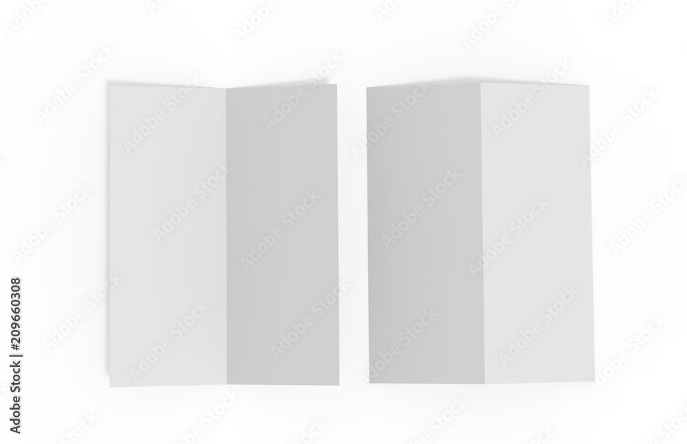 Bi fold or Vertical half fold brochure mock up on isolated white background, 3d illustration Bi fold or Vertical half fold brochure mock up on isolated white background, 3d illustration