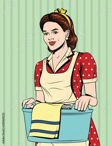 Vector colorful comic pop art style illustration of a beautiful housewife with basket of wet clothes. Vintage postcard with young girl in apron doing housework