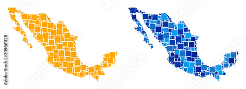 Dot Mexico map versions. Abstract geographic scheme variant done with cold blue color tinges. Vector composition of Mexico map done from randomized square and spheric items.