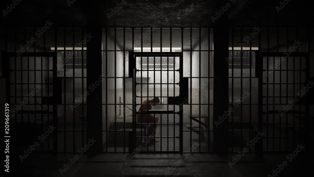 Animation of a guilty prisoner incancerated in dark prison cell. Justice