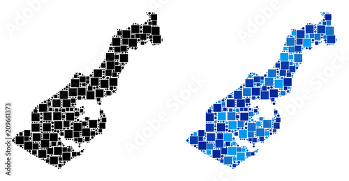Dotted Monaco map variants. Abstract geographic map version done with cold blue color variations. Vector composition of Monaco map formed of random square and circle elements.