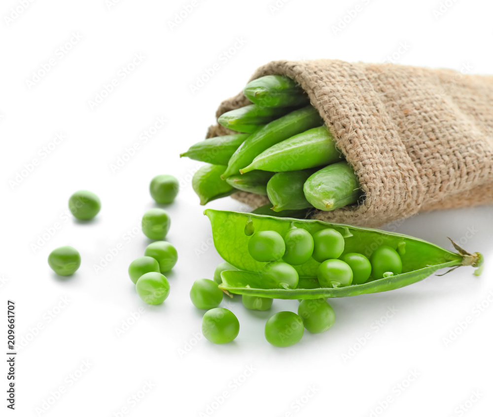 Bag with fresh green peas on white background Bag with fresh green peas on white background