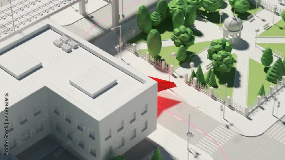 GPS navigation 3D city map. The red arrow running forward along the path. GPS navigation 3D city map. The red arrow running forward along the path.