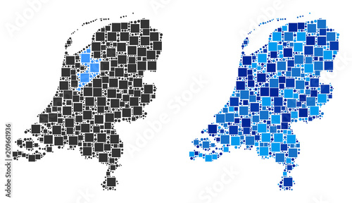 Dotted Netherlands map versions. Abstract geographic map variant designed with cold blue color tinges. Vector collage of Netherlands map organized from scattered square and round items.