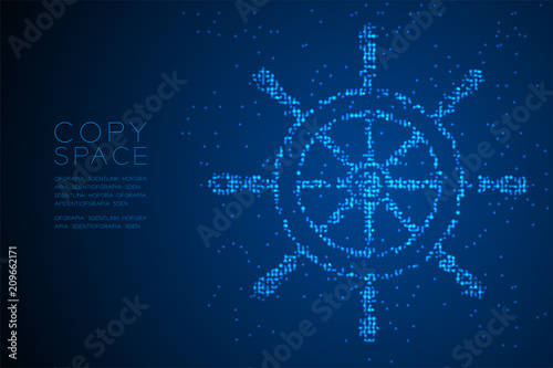 Abstract Geometric Circle dot pixel pattern Ship Steering Wheel shape, aquatic and marine life concept design blue color illustration isolated on blue gradient background with copy space, vector