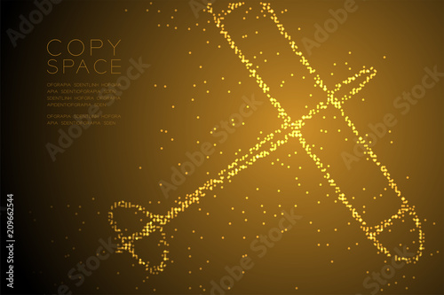 Abstract Geometric Circle dot pixel pattern Glider plane shape, business travel concept design gold color illustration isolated on brown gradient background with copy space, vector eps 10