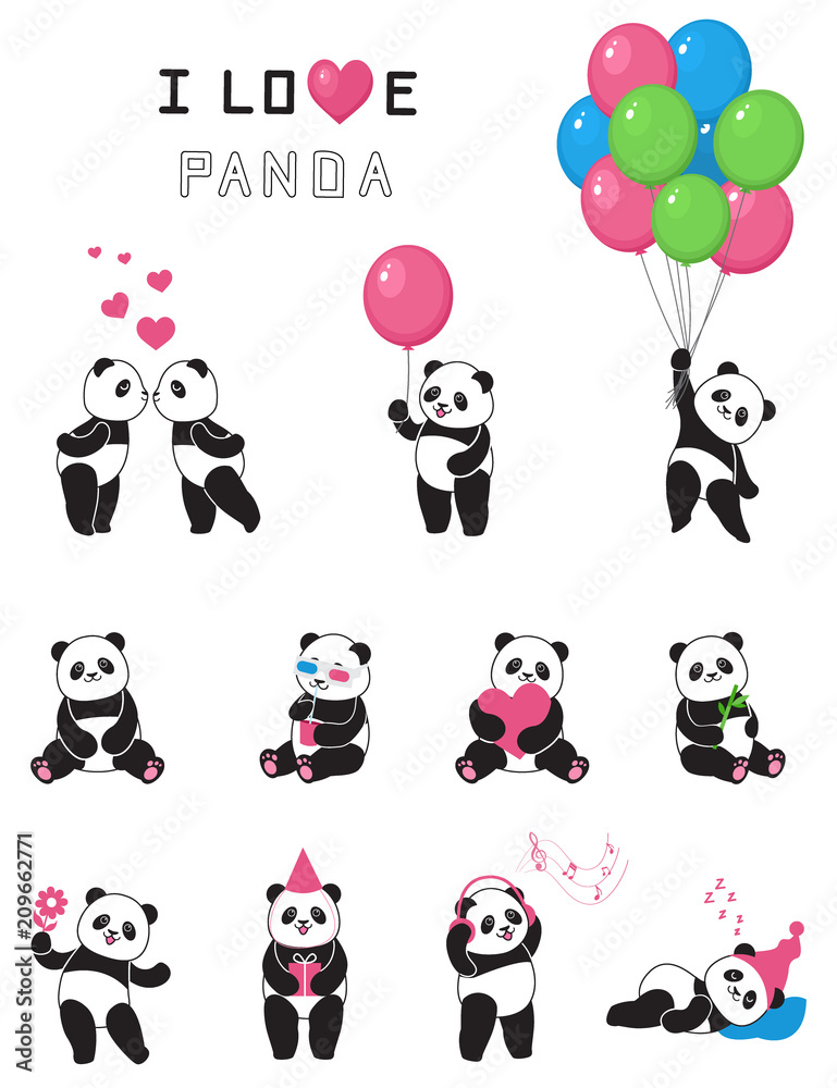 Set of cartoon funny pandas. Design element for baby shower card, scrapbook, invitation, baby goods and childish accessories. Isolated on white background. Vector illustration. Set of cartoon funny pandas. Design element for baby shower card, scrapbook, invitation, baby goods and childish accessories. Isolated on white background. Vector illustration.