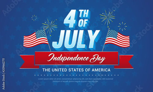 4th of July (USA Independence Day) vector illustration. Typography with fireworks and flag waving on blue stars pattern background. 