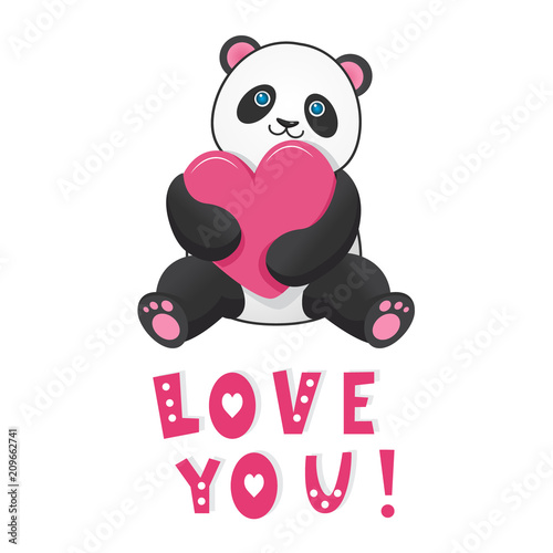 Fototapeta Naklejka Na Ścianę i Meble -  Funny panda with pink heart with text love you. Design element for baby shower card, scrapbook, invitation, baby goods and childish accessories. Isolated on white background. Vector illustration.