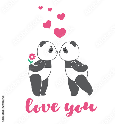 Fototapeta Naklejka Na Ścianę i Meble -  Two love pandas with hearts. Design element for baby shower card, scrapbook, invitation, baby goods and childish accessories. Isolated on white background. Vector illustration.