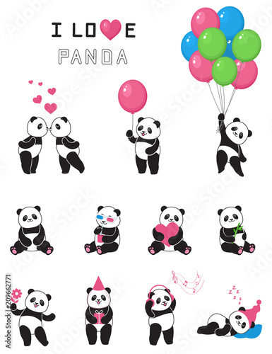 Set of cartoon funny pandas. Design element for baby shower card  scrapbook  invitation  baby goods and childish accessories. Isolated on white background. Vector illustration.