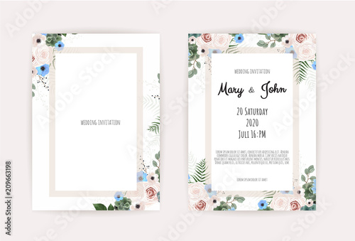 Vector invitation with handmade floral elements. Wedding invitation cards with floral elements