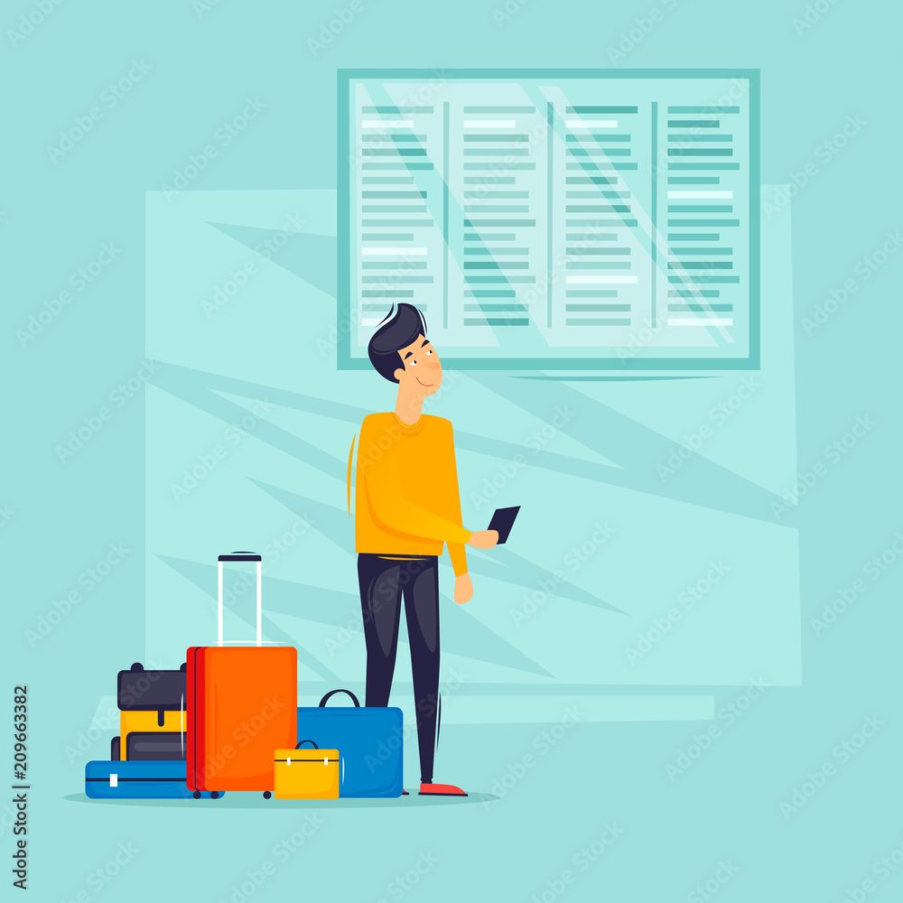 Guy looks at the train station schedule, travel, airport, bus station, railway station. Flat design vector illustration. Guy looks at the train station schedule, travel, airport, bus station, railway station. Flat design vector illustration.