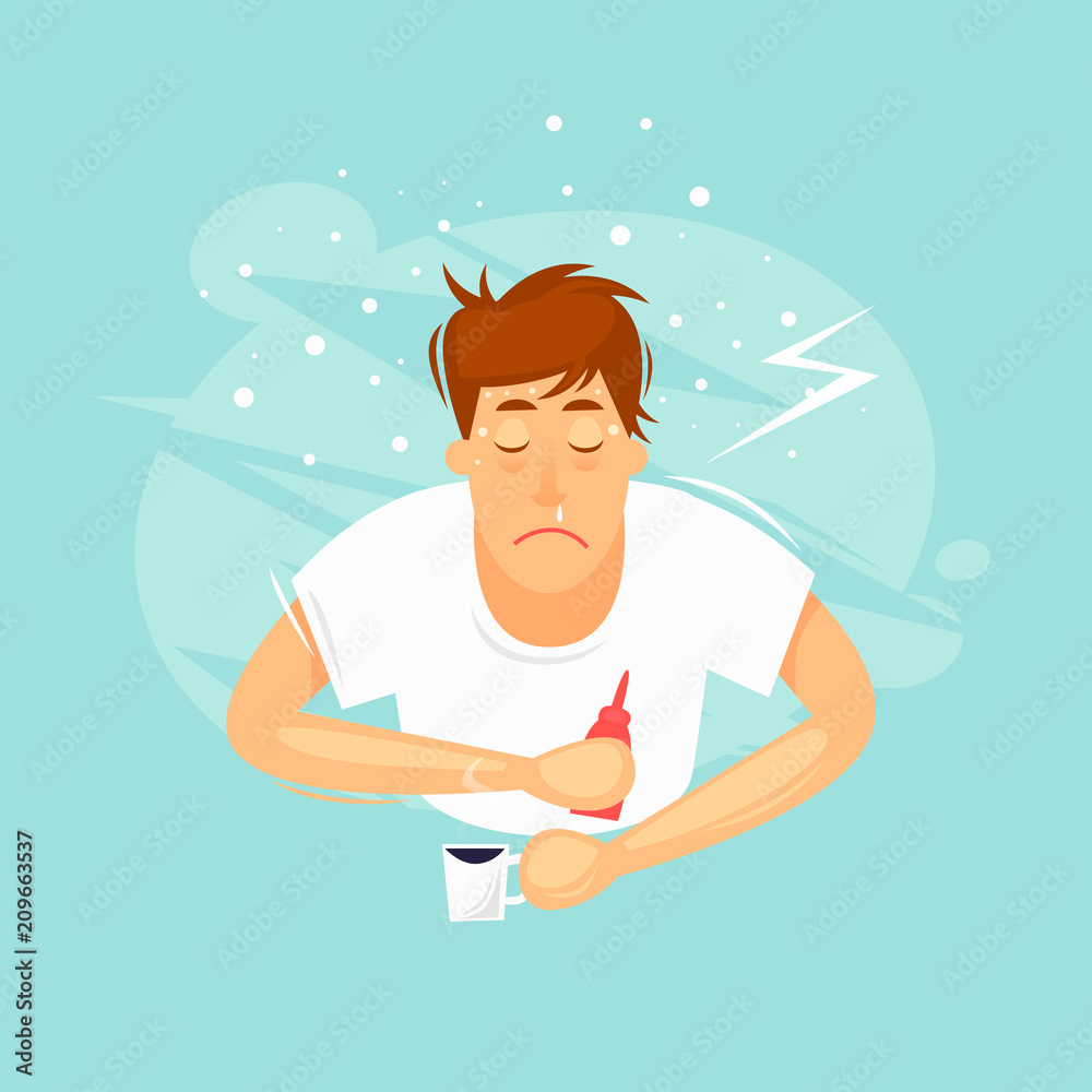 Sick man, cold, runny nose, fever, fever. Flat design vector illustration. Sick man, cold, runny nose, fever, fever. Flat design vector illustration.