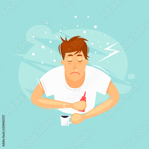 Sick man, cold, runny nose, fever, fever. Flat design vector illustration.