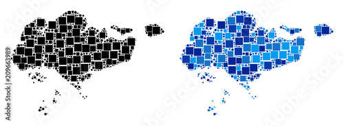 Dotted Singapore map variants. Abstract geographic map variant done with blue color tinges. Vector collage of Singapore map composed with randomized square and spheric items.