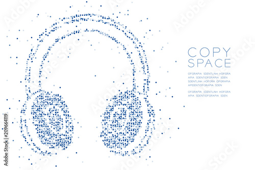 Abstract Geometric Circle dot pixel pattern Wireless Headphone shape, music instrument concept design blue color illustration on white background with copy space, vector eps 10