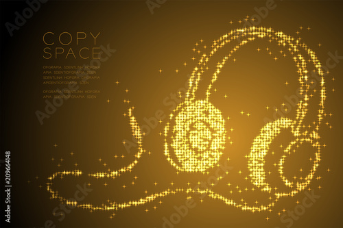 Abstract Shiny Star pattern Headphone shape, music instrument concept design gold color illustration isolated on brown gradient background with copy space, vector eps 10
