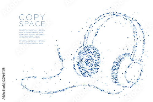 Abstract Geometric Low polygon square box pixel and Triangle pattern Headphone shape, music instrument concept design blue color illustration on white background with copy space, vector eps 10
