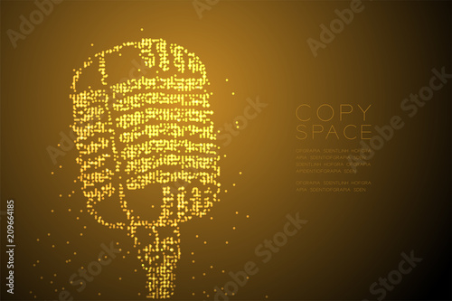 Fototapeta Naklejka Na Ścianę i Meble -  Abstract Geometric Circle dot pixel pattern Vintage microphone shape, music instrument concept design gold color illustration isolated on brown gradient background with copy space, vector eps 10